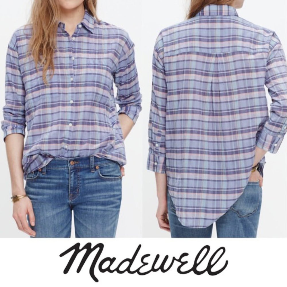 Madewell Shrunken Trapeze Shirt Plaid Button Front Cotton Blue Pink Size Small